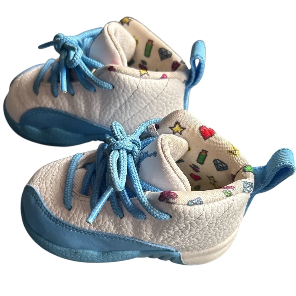 Jordan 12 Retro Emoji Sneakers, Infant Crib Shoes Size 4C, White/University Blue